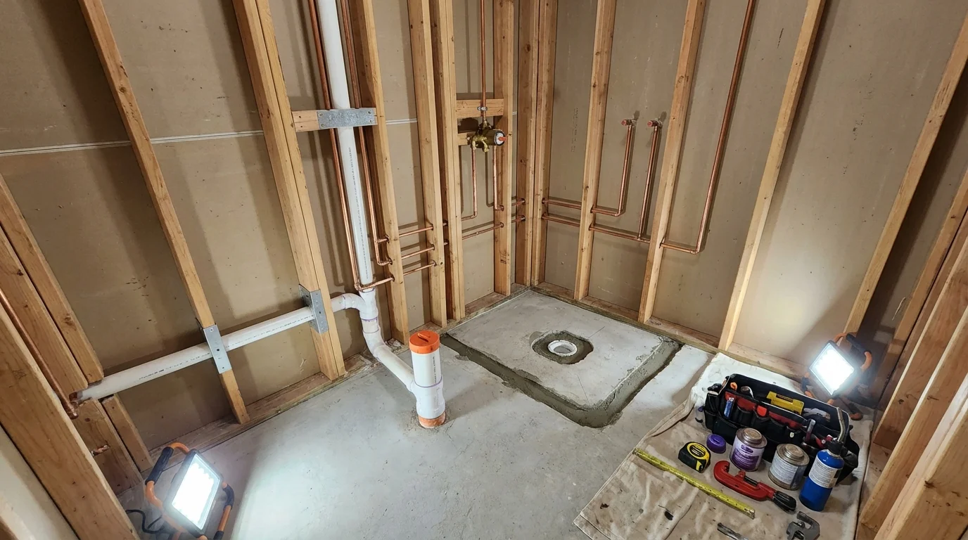 Bathroom rough-in plumbing during remodel by Johns Plumbing LLC in Berne