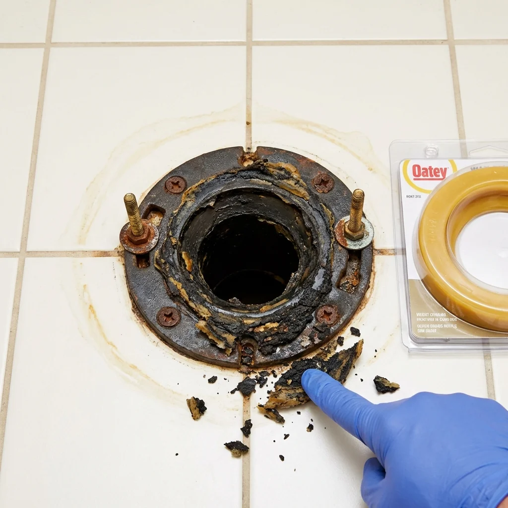 Failed wax ring showing water seepage at the base of a toilet in a Berne, IN home