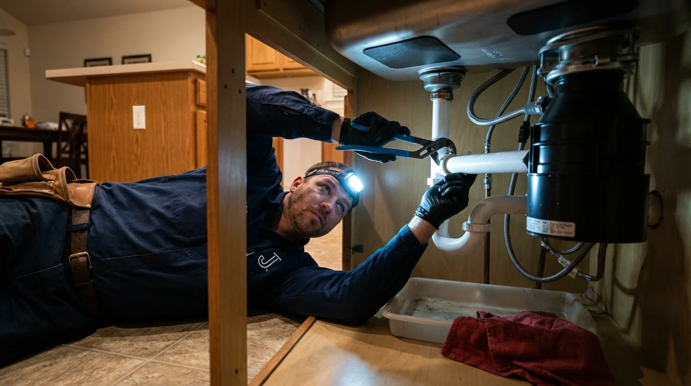 P-trap and supply line connections under a kitchen sink showing a common leak point in Berne, IN